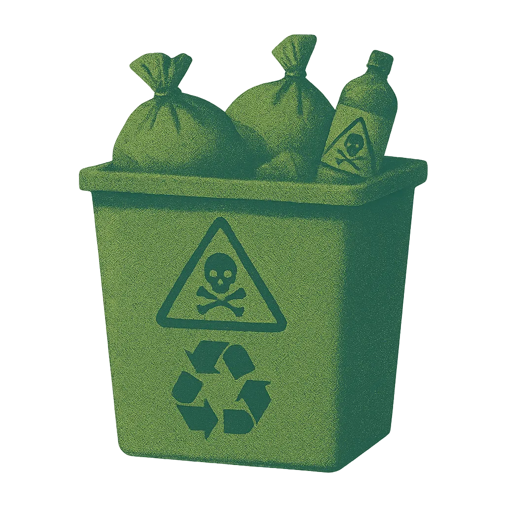 Smaltimento rifiuti pericolosi e non | Alfaraee S.r.l. Illustrazione di un contenitore per rifiuti speciali con simbolo di pericolo e riciclo, che rappresenta il servizio di ritiro e smaltimento di rifiuti pericolosi e non pericolosi offerto da Alfaraee S.r.l. in tutta Italia